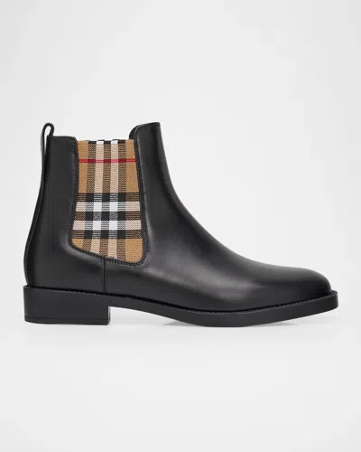 Burberry Check Leather Chelsea Boots In Black