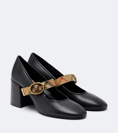 Burberry Check Leather Pumps In Black