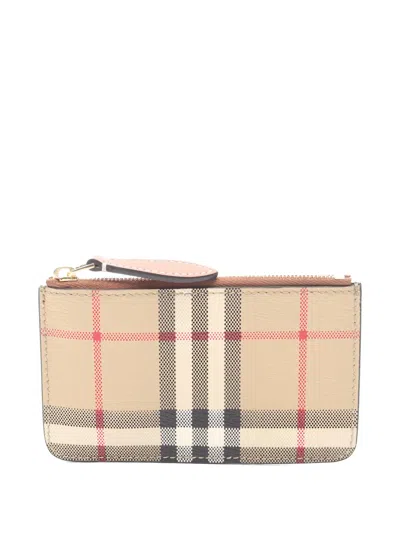 Pre-owned Burberry Check Leather Zipped Wallet In Neutral