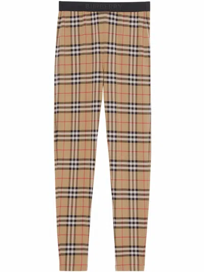 Burberry Check Leggings In Stretch Jersey In Brown