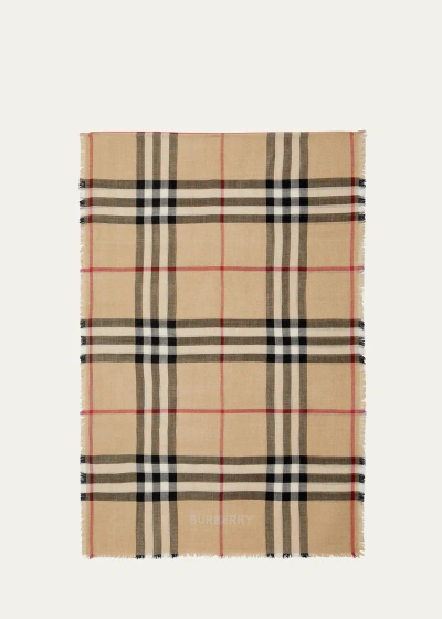 Burberry Check Lightweight Gauze Wool Scarf In Sand Lichen