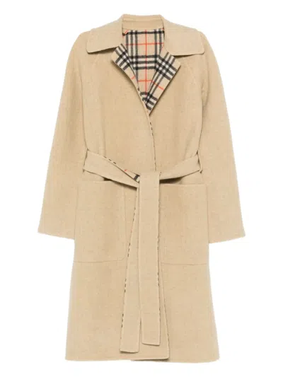 Burberry Check-lined Belted Coat In Neutral