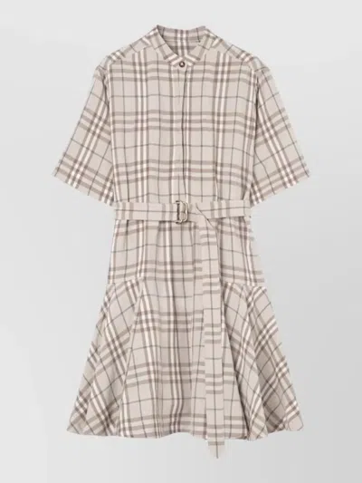 Burberry Short-sleeve Check Linen-blend Belted Mini Shirtdress In Multi