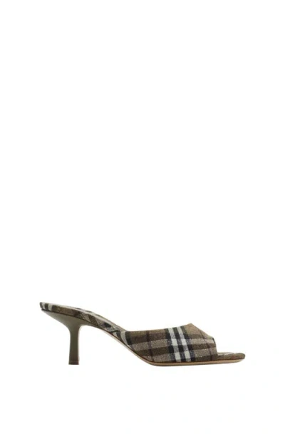Burberry Khaki Check Linen Blend Mews High Mules In Brush Ip Check