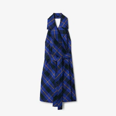 Burberry Check Linen Dress In Bright Navy