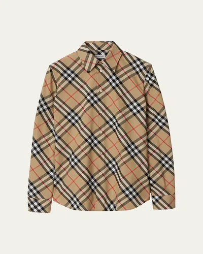 BURBERRY CHECK LONG-SLEEVE COTTON BUTTON-DOWN TOP