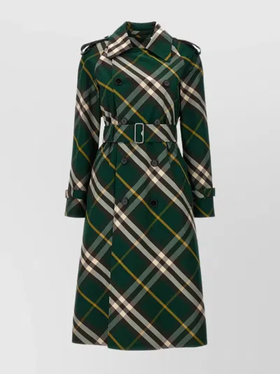 Burberry Check Long Trench Coat With Fur Collar In Green
