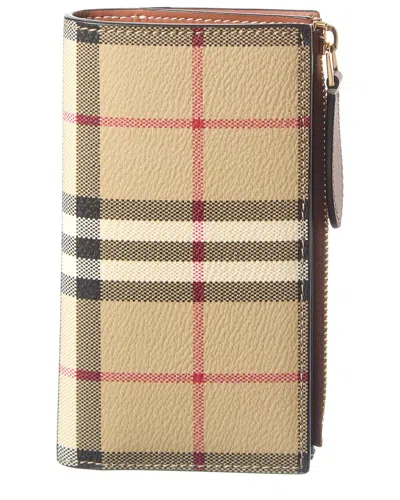 Burberry Check Medium E-canvas & Leather Bifold Wallet In Brown