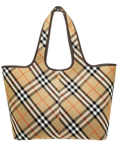 Burberry Check Medium Leather-trim Tote In Brown