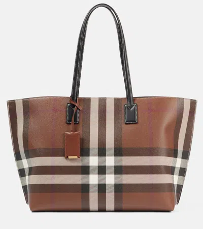 Burberry Womens Dark Birch Brown Check-print Medium Faux Leather-blend Tote Bag