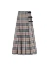 Burberry Beige Midi Skirt With Side Buckle Closure And All-over Check Motif In Wool Woman