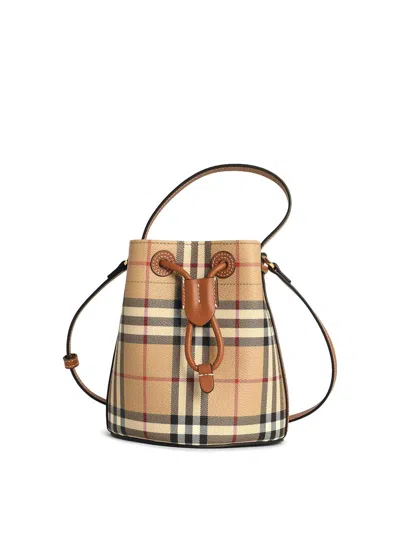 Burberry Check Mini Bucket Bag In Beige Cotton Blend In Sand