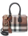 Burberry Womens Dark Birch Brown Chk Check-print Mini Woven And Leather Top-handle Bowling Bag In Brown