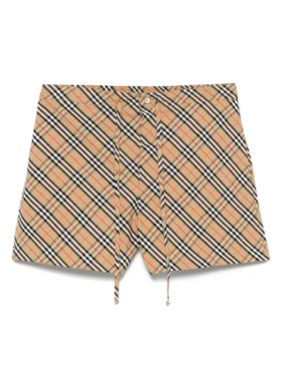 Burberry Check Mini Shorts With Side Pockets In Brown
