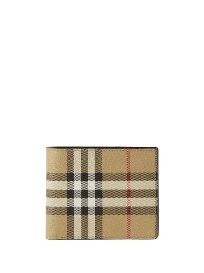 Burberry Beige Bifold Wallet With Check Motif In Techno Fabric In Neutrals