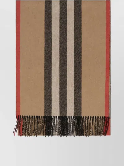 Burberry Check Motif Cashmere Scarf With Fringed Edges In Brown