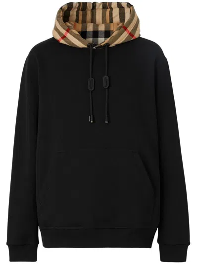 Burberry Check Motif Cotton Hoodie In Black