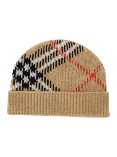 Burberry Check Motif Wool Cuff Hat With Embroidered Logo In Beige
