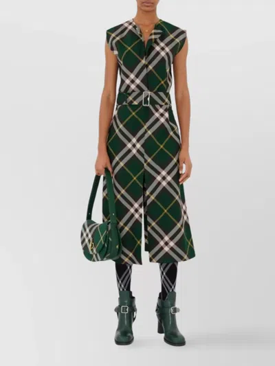BURBERRY CHECK MOTIF WOOL MIDI DRESS