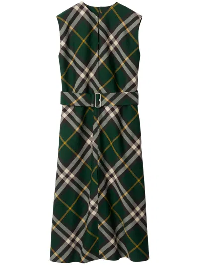 Burberry Check Motif Wool Midi Dress In Green