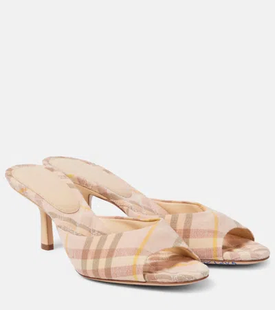 Burberry Beige Check Linen Mule Sandals With 6.5 Cm Heel Lf Mews 65 Chk 162393 In Teacup Ip Check