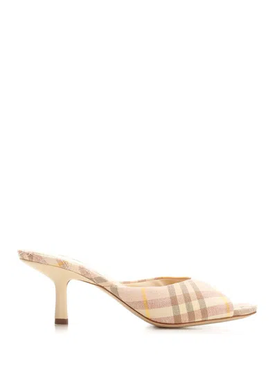 Burberry Beige Check Linen Mule Sandals With 6.5 Cm Heel Lf Mews 65 Chk 162393 In Neutral