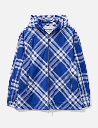 Burberry Check Nylon Hooded Jacket In Blue