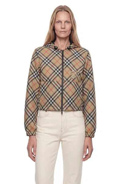Burberry Check Nylon Windbreaker In Brown