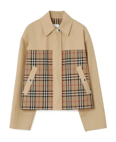 Burberry Check-panel Cotton Jacket In Nude
