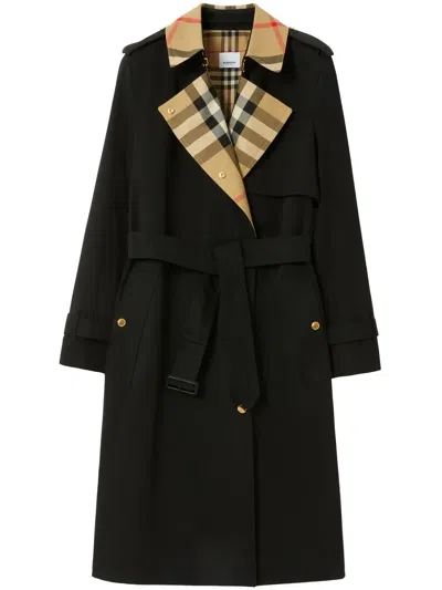 Burberry Gabardine Check-collar Long Trench Coat In Black