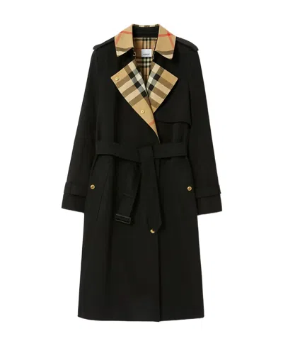 Burberry Gabardine Check-collar Long Trench Coat In Black