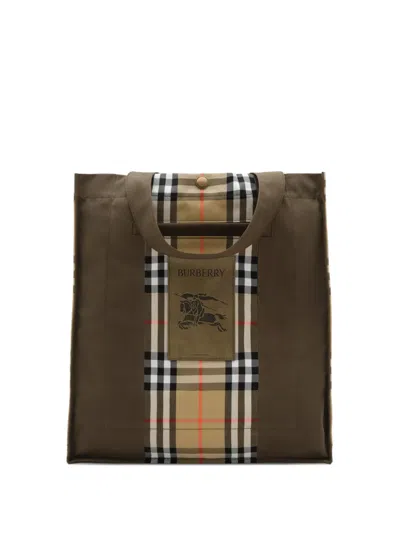 Burberry Check Panel Tote Bag In Brown