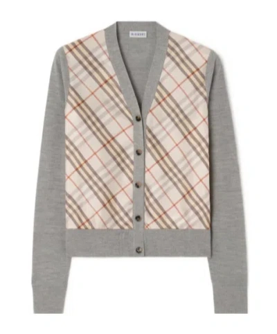 Burberry Check Panel Wool Silk Cardigan In Gray