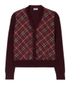 Burberry Check Panel Wool Silk Cardigan In Burgundy