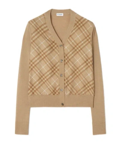 Burberry Check Panel Wool Silk Cardigan In Brown