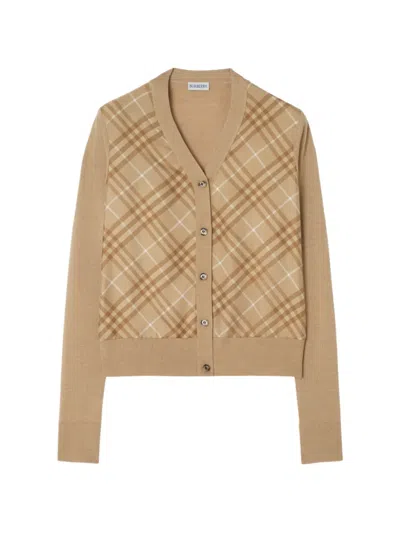 Burberry Check Panel Wool Silk Cardigan In Brown