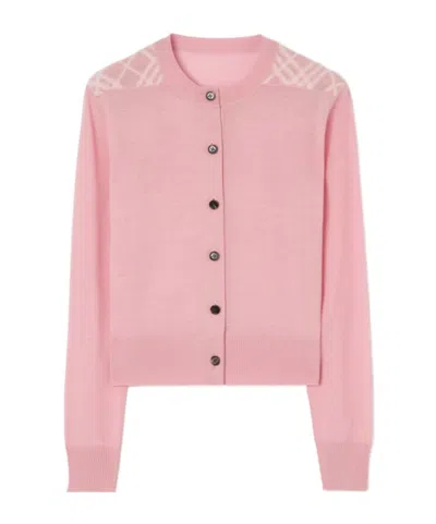 Burberry Check Panel Wool Silk Cardigan In Pink