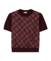 Burberry Check Panel Wool Silk T-shirt In Burgundy
