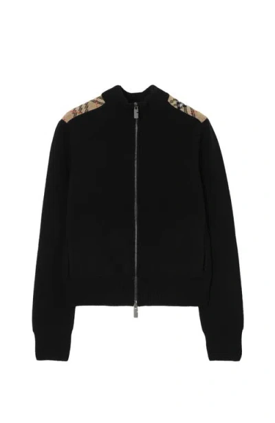 Burberry Check Patch Wool Cashmere Cardigan In Black