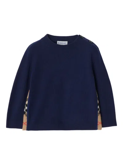 Burberry Babies' Check Patch Wool Cashmere Sweater In Blue