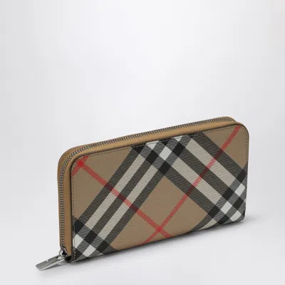 Burberry Check Pattern Beige Zipped Wallet In Brown