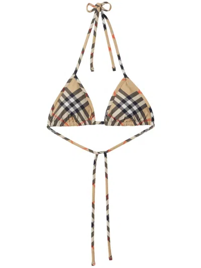 Burberry Checkered Design Stretch Nylon Bikini Top With Removable Padding And Adjustable Laces In Brown