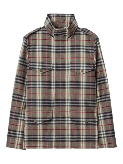 Burberry Check-pattern Bonded Wool Field Jacket In Brown