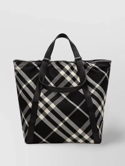 Burberry Check Pattern Cotton Blend Tote Bag In Silver