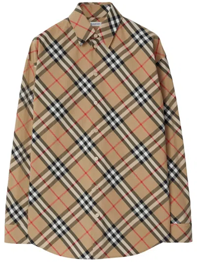 Burberry Women Beige Shirt With Classic Collar And All-over Check Motif In Cotton Woman In Brown