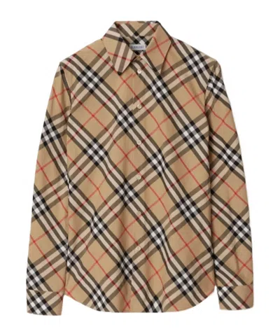 Burberry Women Beige Shirt With Classic Collar And All-over Check Motif In Cotton Woman In Brown