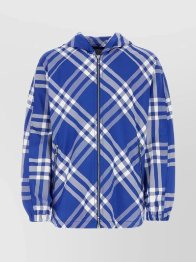 Burberry Check Pattern Embroidered Nylon Jacket In Blue