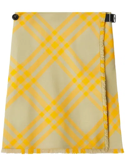 Burberry Fringed Pleated Checked Woven Mini Wrap Skirt In Hunter Check