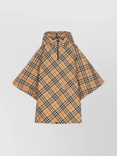 Burberry Check Pattern Hooded Cape With Wide Sleeves In Neutral