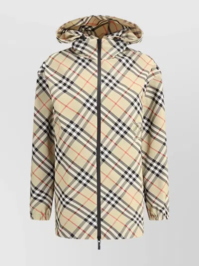Burberry Check Pattern Hooded Jackets In Neutral